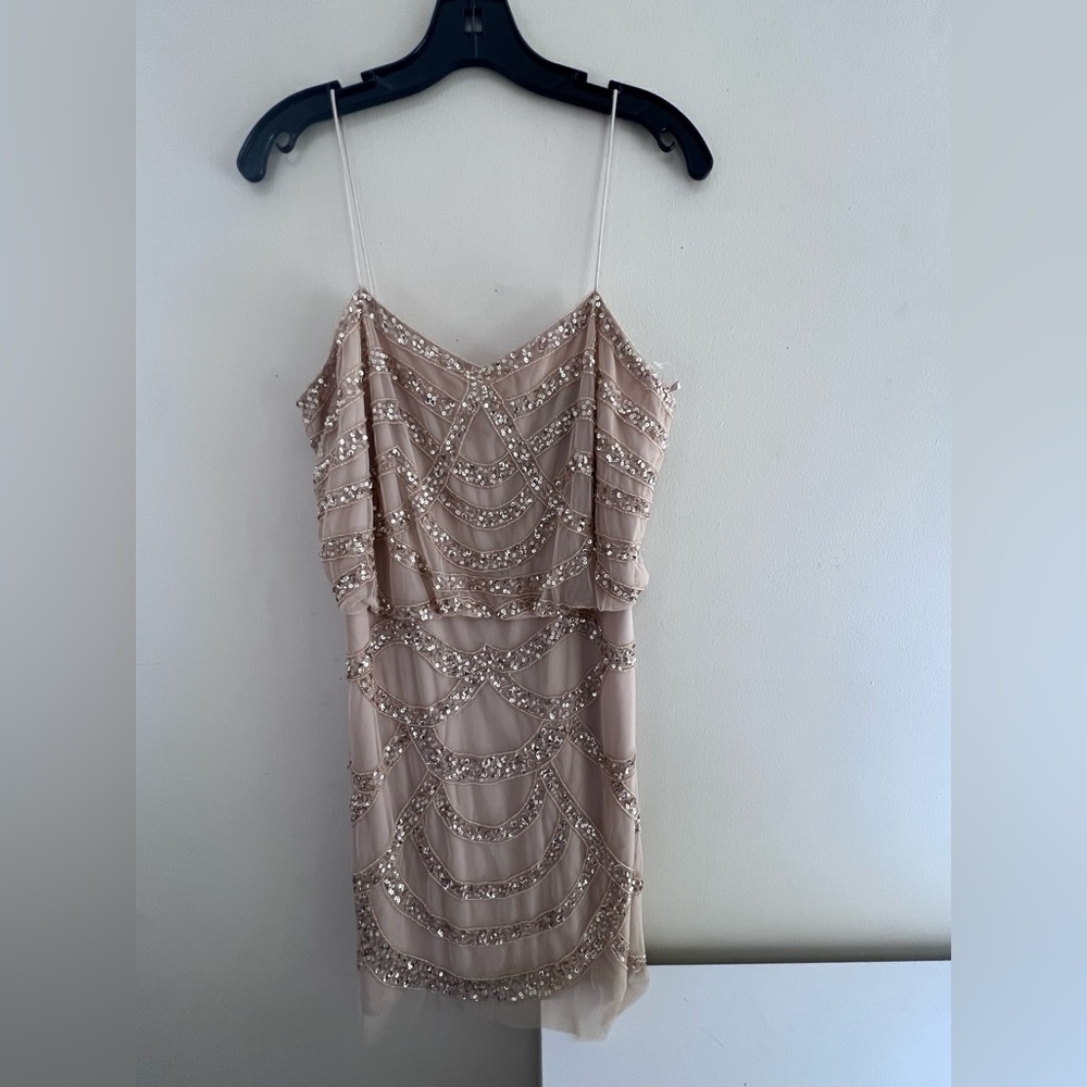 Aiden Mattox Chic Beaded  Beige Beaded Mini Dress